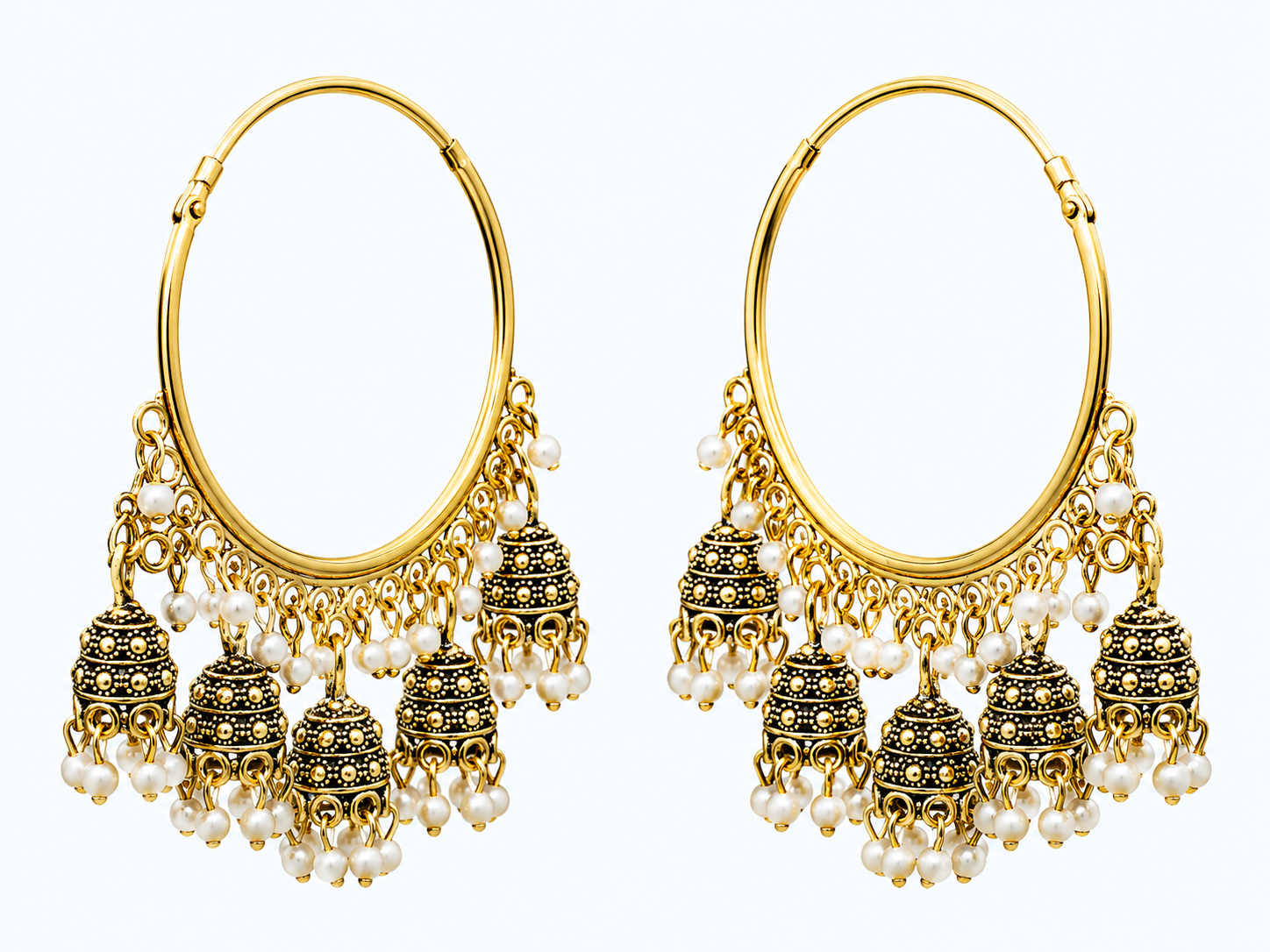 Gold Hoop Chandelier Earrings with Pearl Jhumkas - Ethnic Wholesale